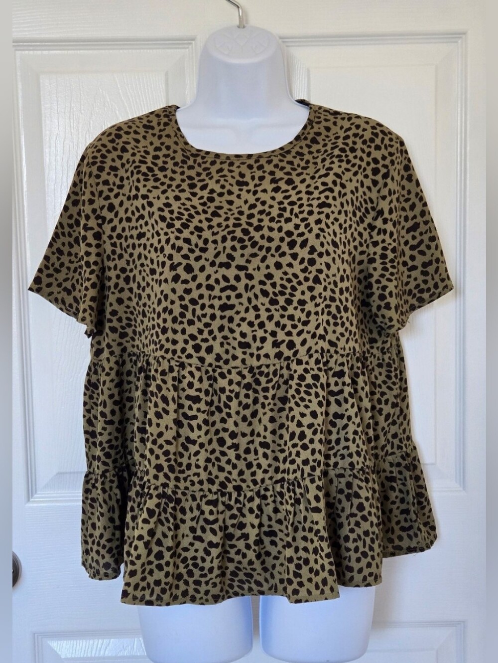 Prettygarden | Women's Olive Green Animal Print Short Sleeve Peplum Top, Sz Med